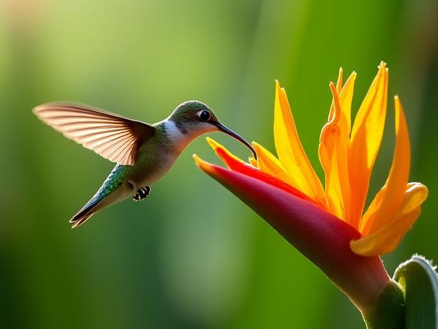 Kolibri beim Nektarsammeln an einer exotischen Blüte