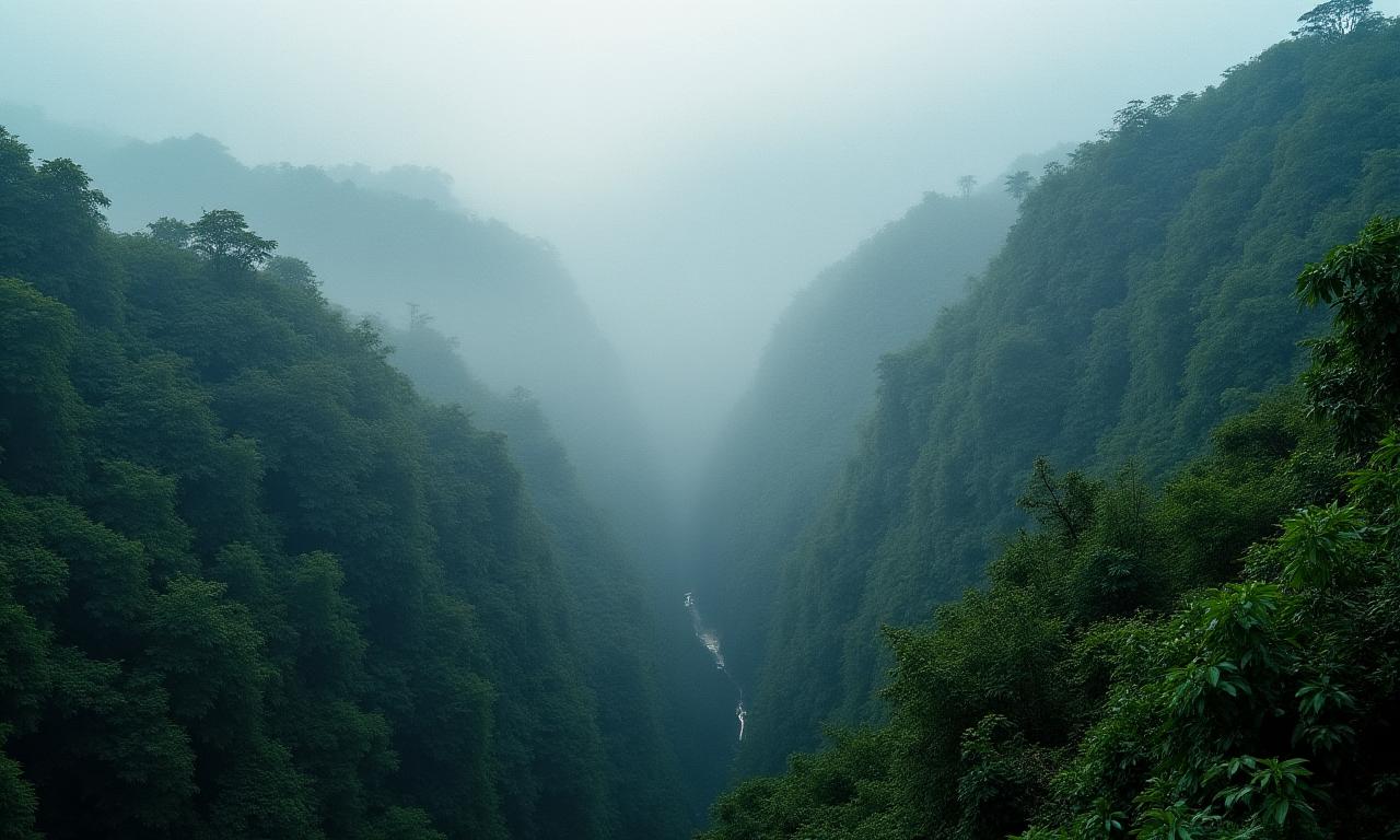 Ein nebelverhangener Regenwaldblick von oben